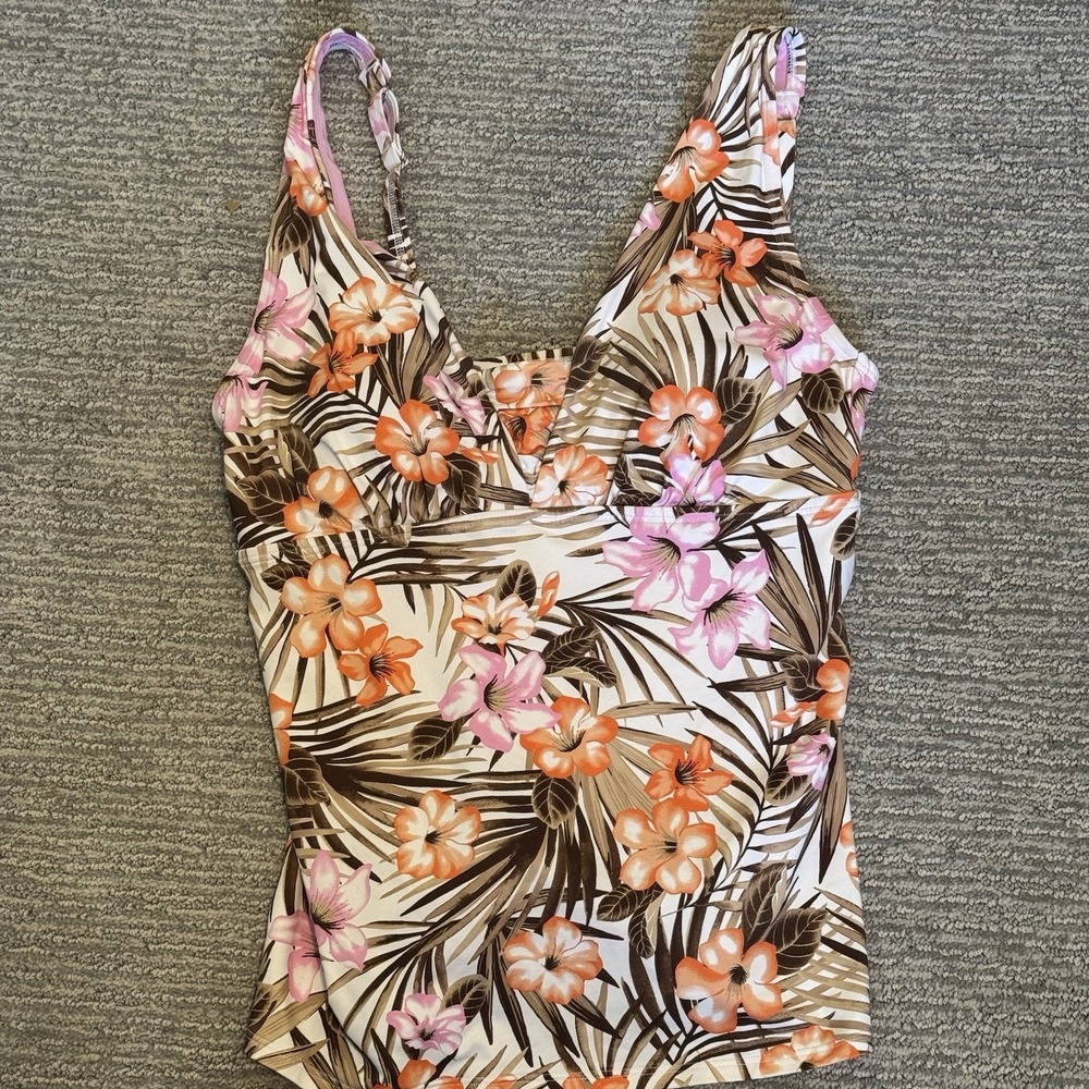 Lands' End Size 10 Tankini Swim Top Coral Brown Floral Padded Bra Adjustable